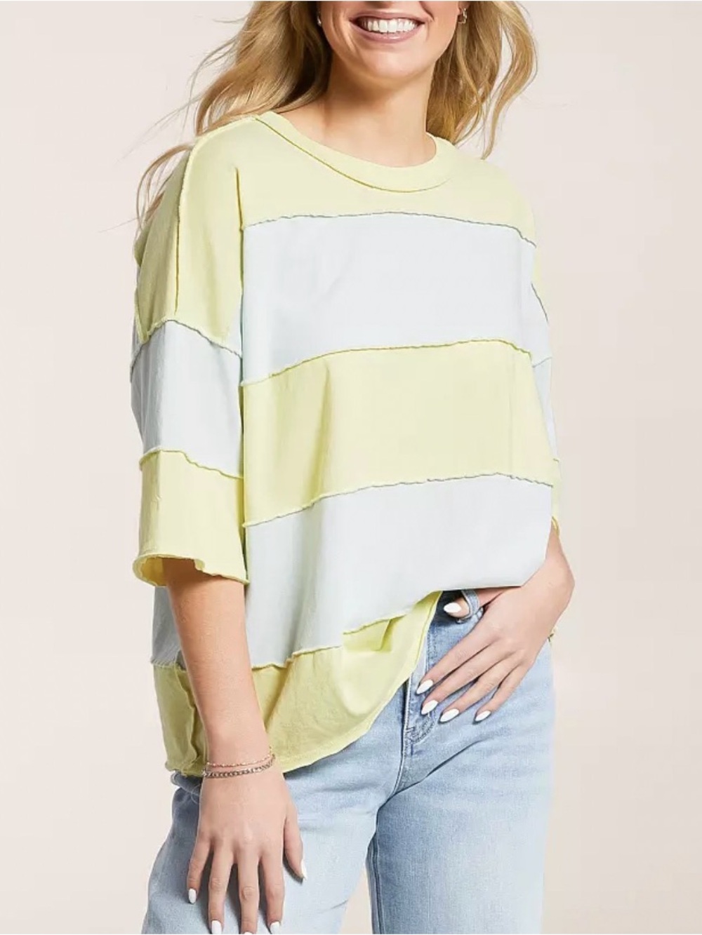 Women's Free People Maddie Oversized Tee Light Blue/ Yellow Stripes Size XS
